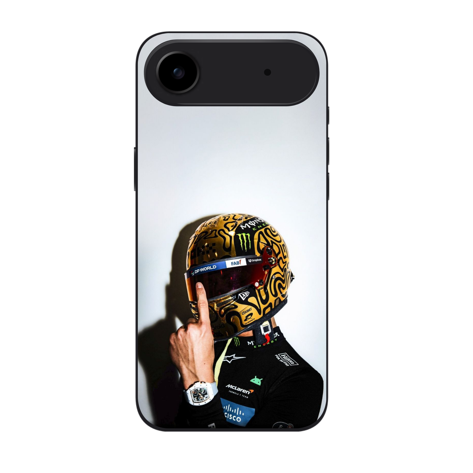 F1 Formula 1 Lando Norris Phone Case For iPhone Samsung Galaxy Pixel - Lando Norris Gold Chrome Blob Pattern Racing Helmet Shoulders Up Poster