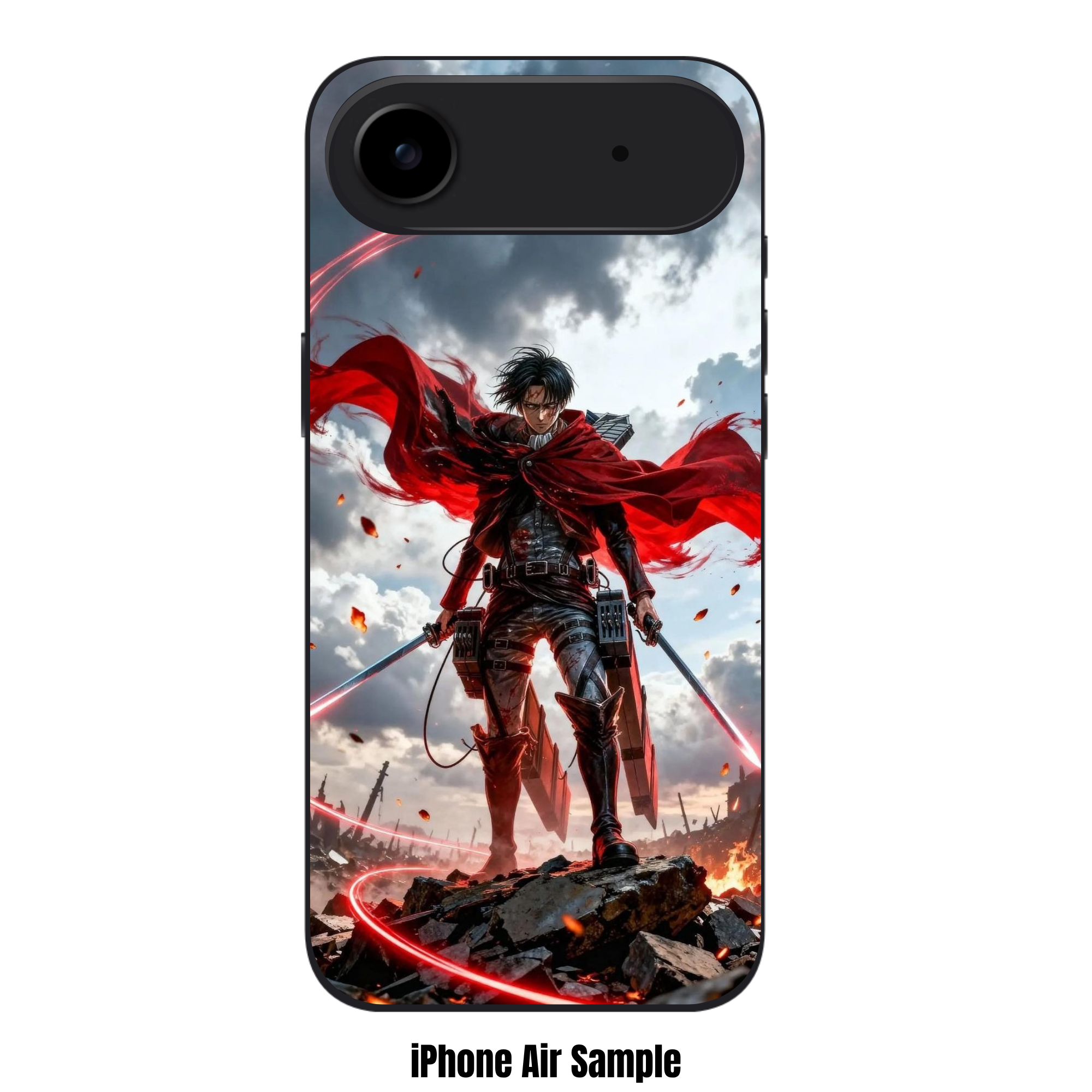 Attack on Titan Levi Phone Case For iPhone Samsung Galaxy Pixel - Levi Ackerman Standing With Glowing Red Swords On Battlefield Under Stormy Sky Background