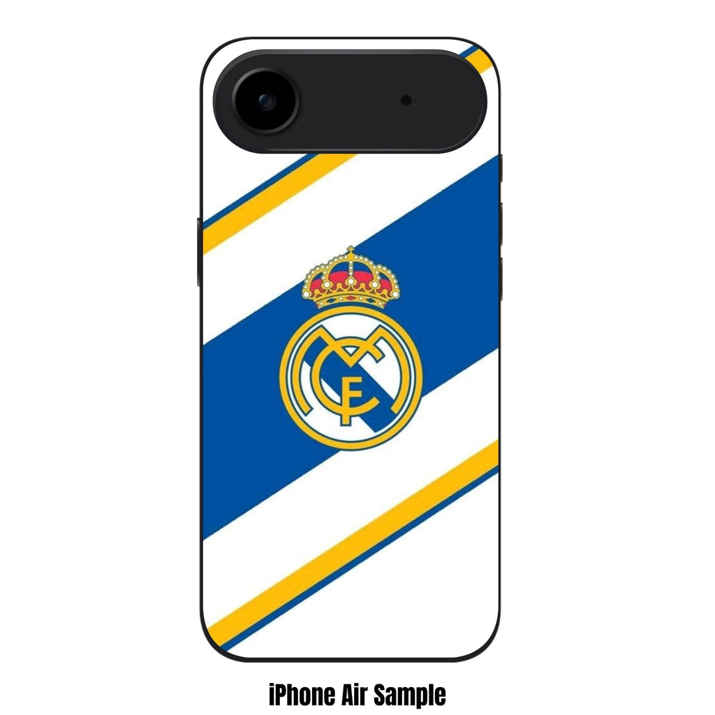 Real Madrid CF Phone Case For iPhone Samsung Galaxy Pixel - Real Madrid CF Logo On Diagonal Blue And Yellow Stripes With White Background