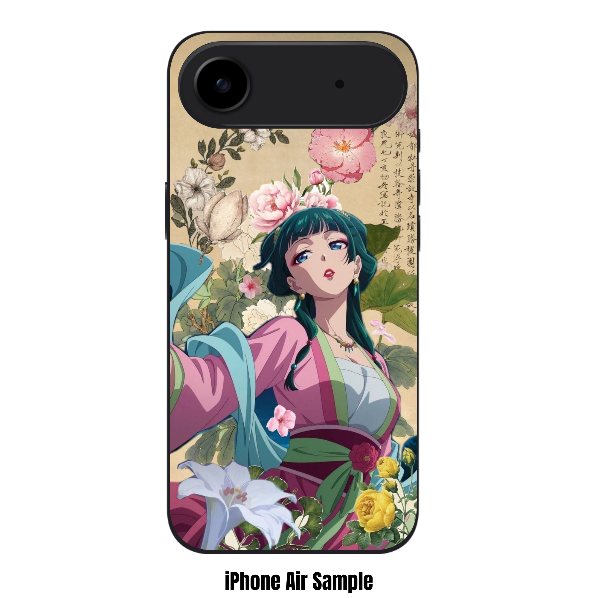 The Apothecary Diaries Maomao Phone Case For iPhone Samsung Galaxy Pixel - Maomao In A Pink Dress Surrounded By Peonies On A Parchment Paper Background