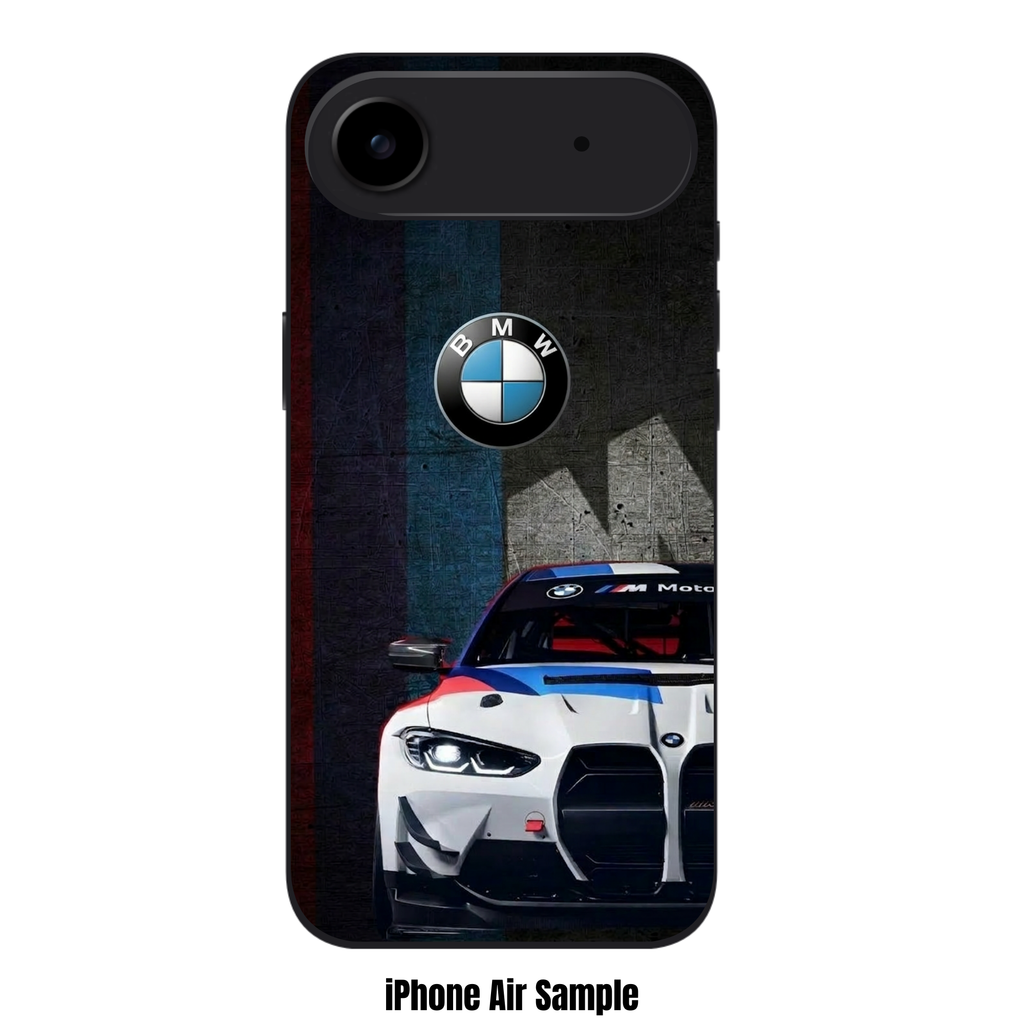 BMW Phone Case For iPhone Samsung Galaxy Pixel - BMW M4 GT4 And Logo On Textured M Stripes Background