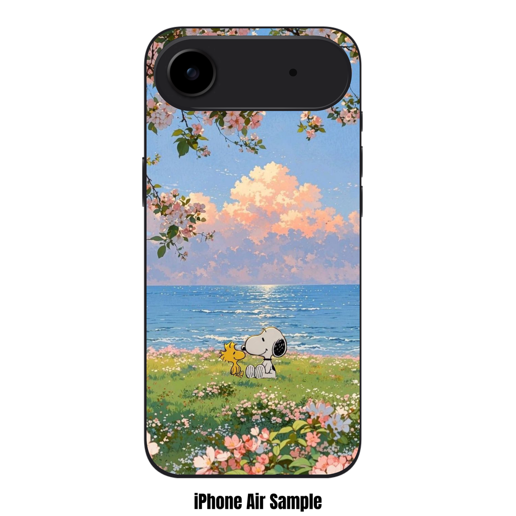Peanuts Snoopy Phone Case For iPhone Samsung Galaxy Pixel - Peanuts Snoopy And Woodstock Sitting In Flower Field Under Cherry Blossoms With Blue Ocean And Sunset Cloud Background