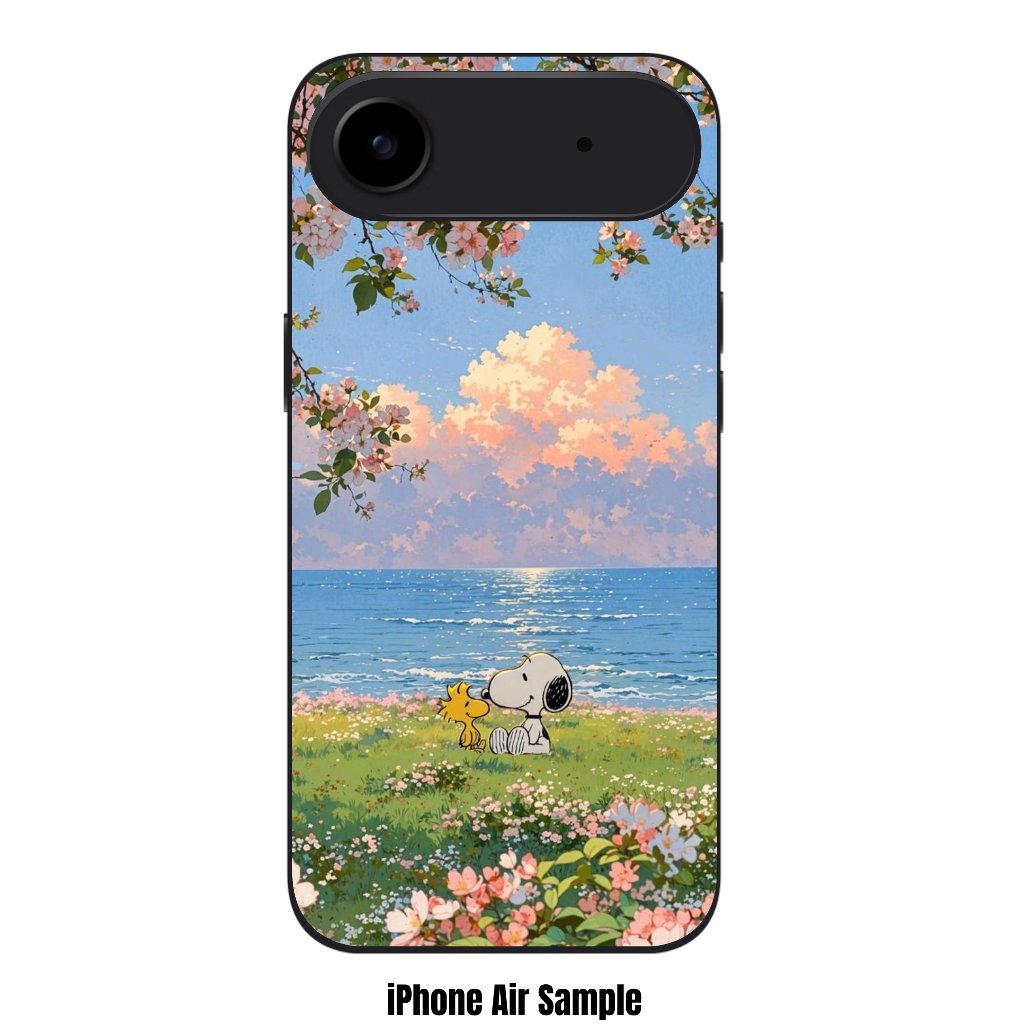 Peanuts Snoopy Phone Case For iPhone Samsung Galaxy Pixel - Peanuts Snoopy And Woodstock Sitting In Flower Field Under Cherry Blossoms With Blue Ocean And Sunset Cloud Background