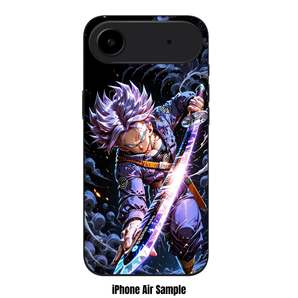 Dragon Ball Trunks Phone Case For iPhone Samsung Galaxy Pixel - Super Saiyan Future Trunks Action Art With Glowing Energy Sword On Black Background With Grey Smoke And Embers