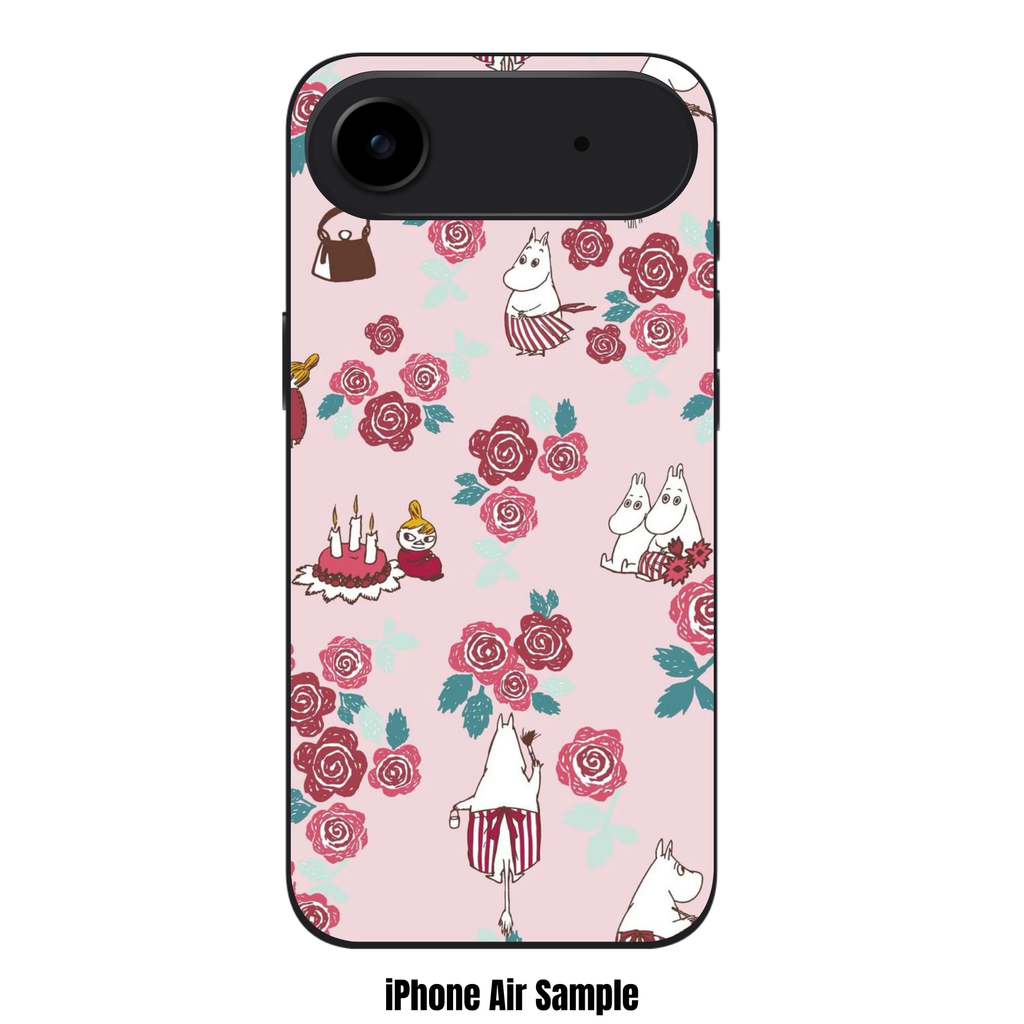 Moomins Phone Case For iPhone Samsung Galaxy Pixel - Moomin Characters And Roses Pattern In Pink Background