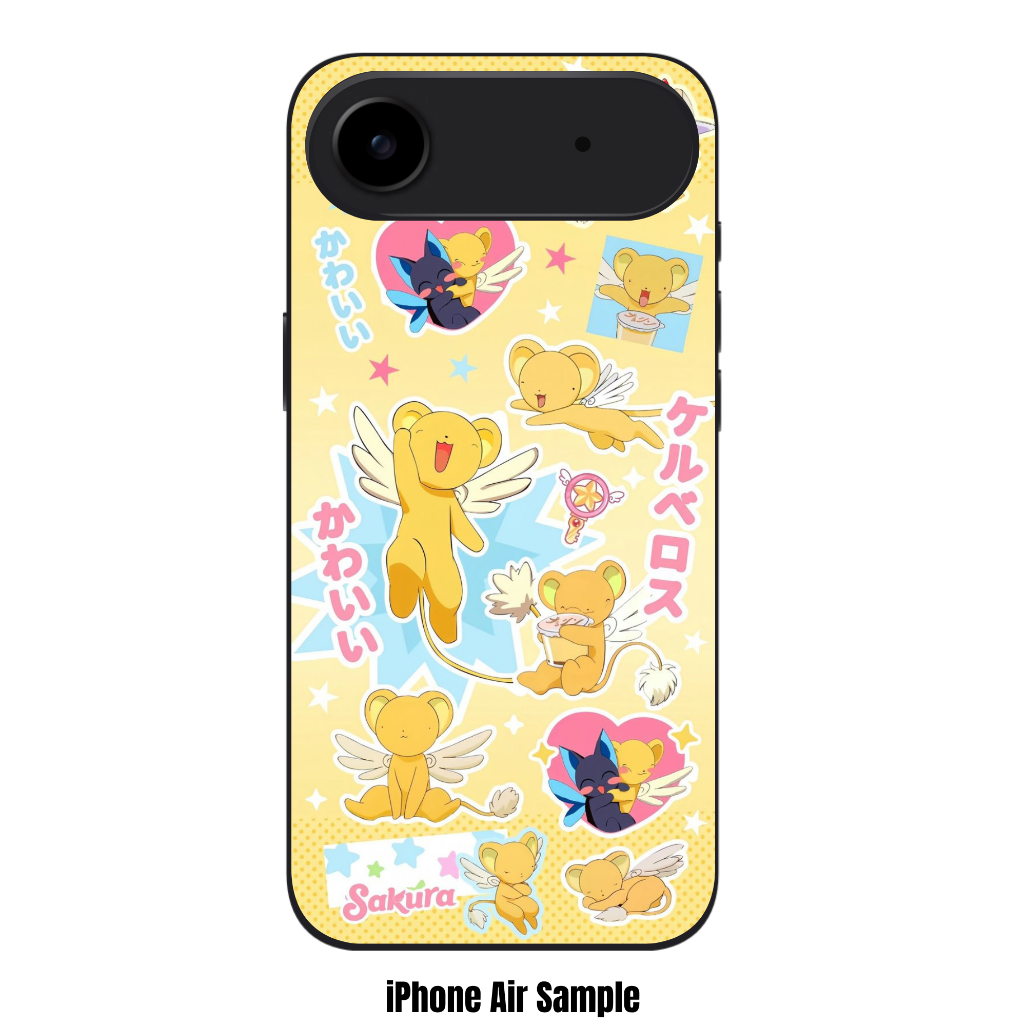 Cardcaptor Sakura Keroberos Phone Case For iPhone Samsung Galaxy Pixel - Keroberos Sticker Pattern On Yellow Dotted Background
