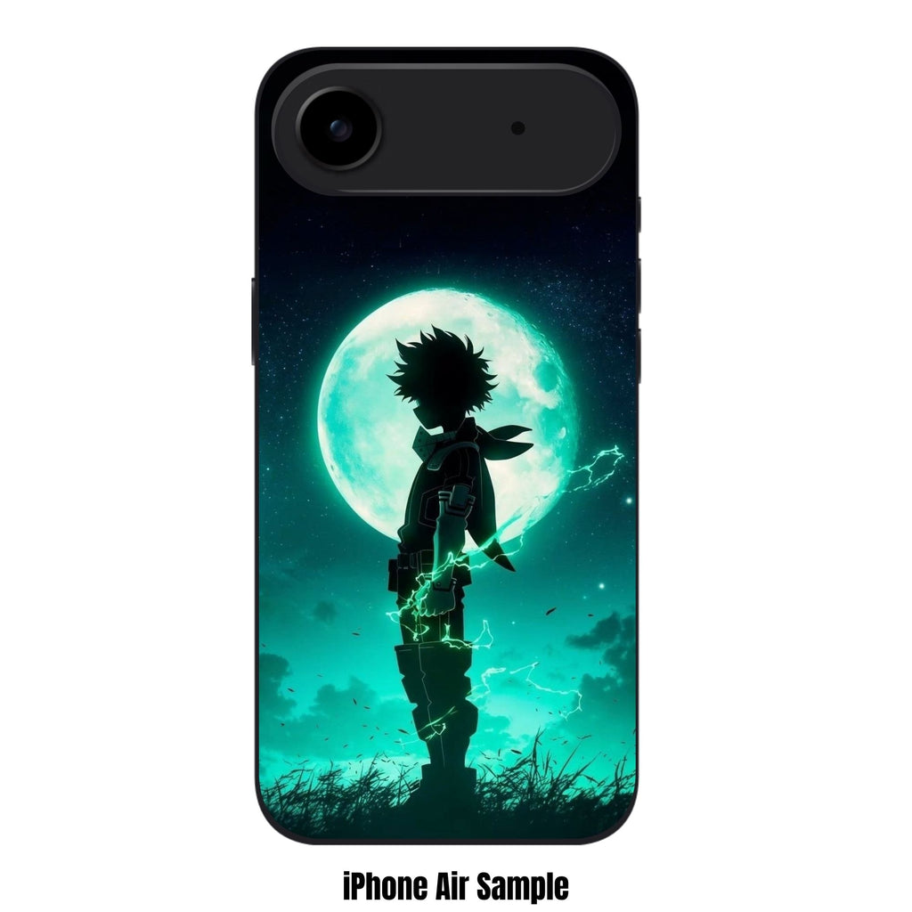 My Hero Academia Midoriya Phone Case For iPhone Samsung Galaxy Pixel - Deku Silhouette Sparking Green Lightning Sparks In Front Of A Giant Green Moon Background