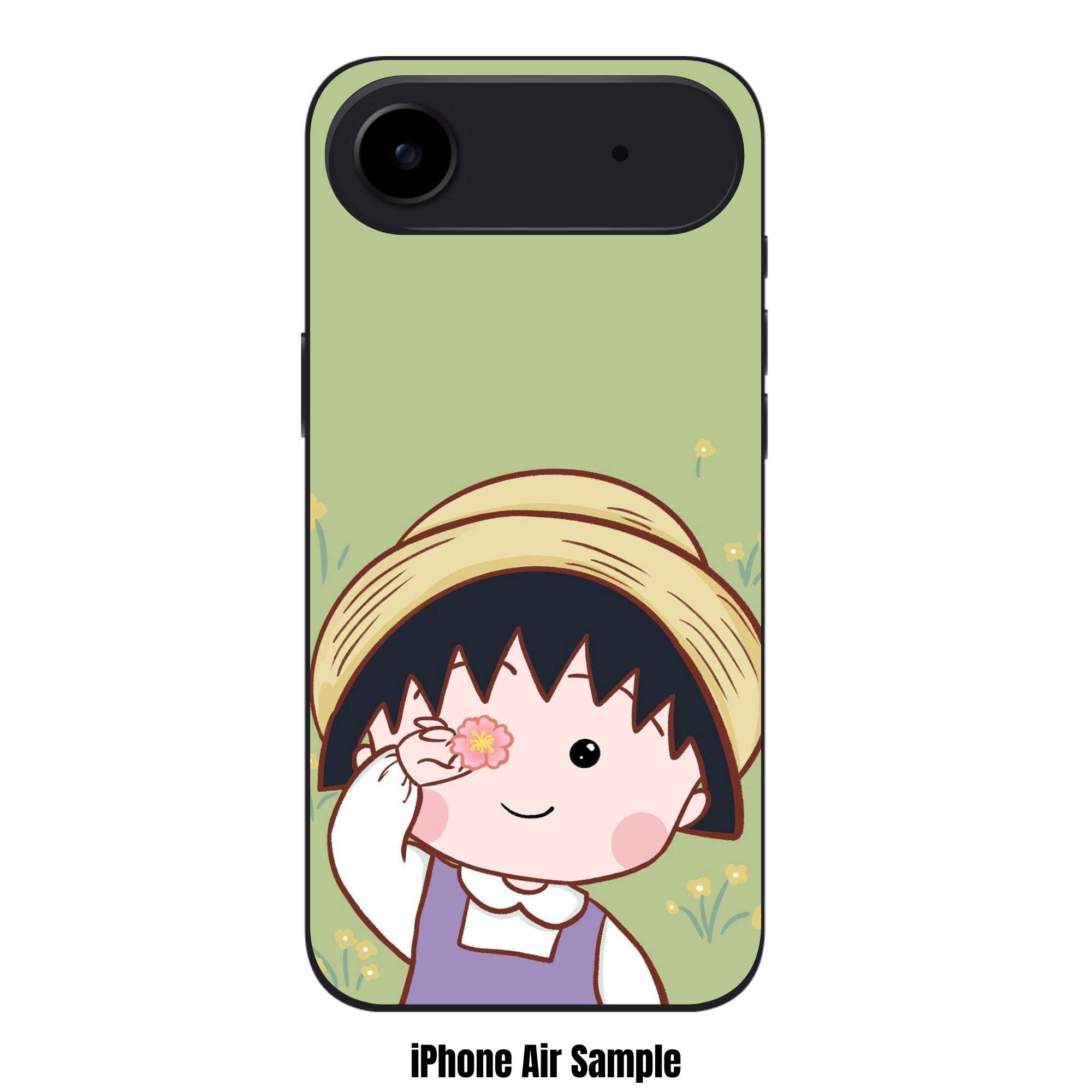 Chibi Maruko Chan Phone Case For iPhone Samsung Galaxy Pixel - Chibi Maruko Chan Holding Pink Blossom On Matcha Green Background