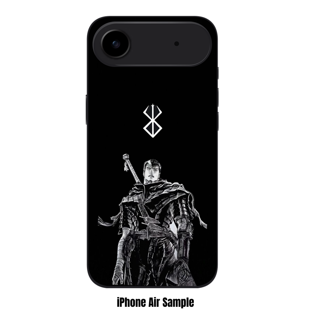 Berserk Guts Phone Case For iPhone Samsung Galaxy Pixel - Black And White Guts Under White Brand Of Sacrifice Symbol On Black Background