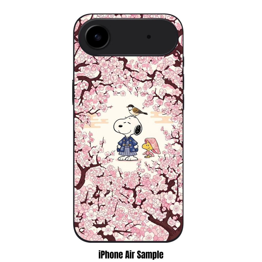 Peanuts Snoopy Phone Case For iPhone Samsung Galaxy Pixel - Peanuts Snoopy In A Blue Kimono And Woodstock Under Pink Cherry Blossoms Background