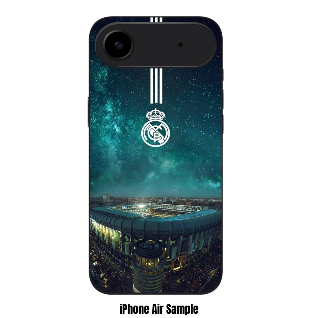 Real Madrid CF Phone Case For iPhone Samsung Galaxy Pixel - Real Madrid CF Logo Over Santiago Bernabeu Stadium With Teal Galaxy Sky Background