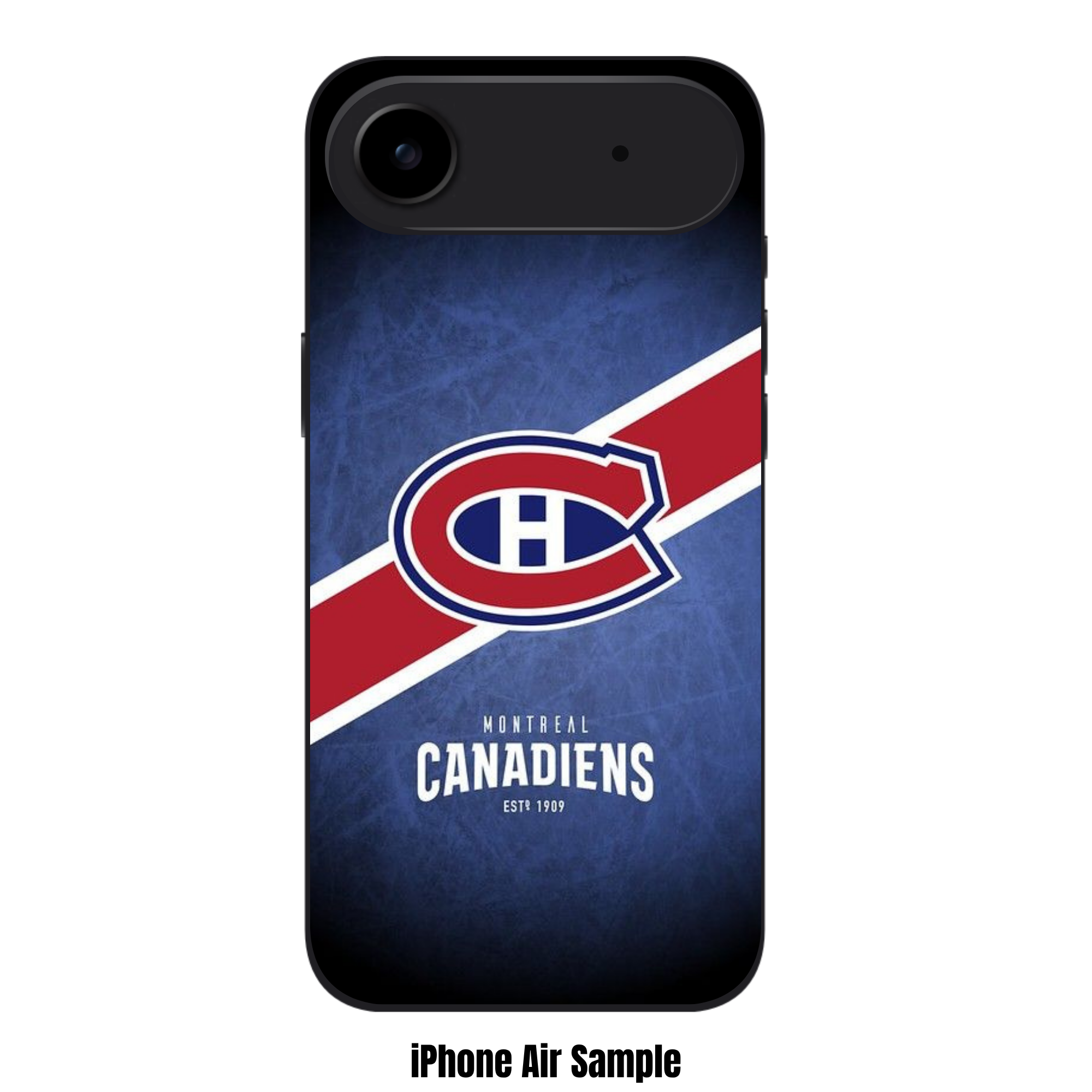 NHL Montreal Canadiens Phone Case For iPhone Samsung Galaxy Pixel - Montreal Canadiens Logo And Diagonal Stripes On Textured Blue Background