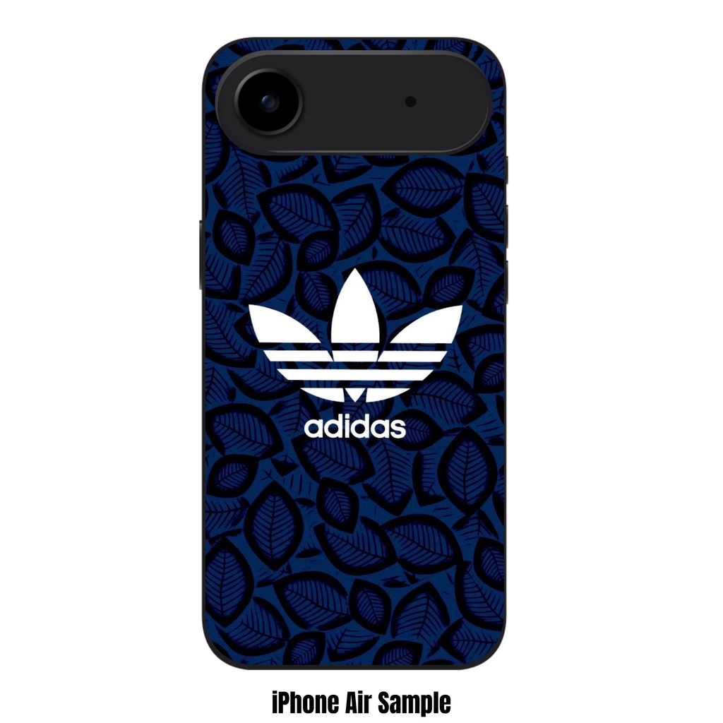 Adidas Phone Case For iPhone Samsung Galaxy Pixel - Adidas Trefoil Logo On Navy Blue Leaf Patterned Background